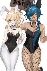  1boy animal_ears bad_id bad_twitter_id black_legwear black_leotard blonde_hair blue_hair blush breasts cleavage crossdressing dark-skinned_male dark_skin detached_collar earrings fake_animal_ears female fishnet_pantyhose fishnets flying_sweatdrops genshin_impact highres hominamia inactive_account jean_(genshin_impact) jewelry kaeya_(genshin_impact) leotard long_hair multicolored_hair open_mouth otoko_no_ko pantyhose playboy_bunny ponytail rabbit_ears sign simple_background single_earring streaked_hair white_background white_legwear 