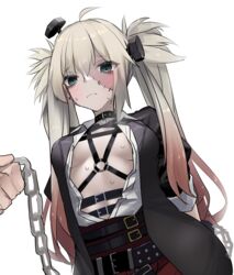  1other absurdres ahoge aqua_eyes arms_behind_back belt black_jacket blush bolt_(hardware) bondage bondage bound breasts chain_leash chained_wrists chains choker cleavage commentary_request eyes_visible_through_hair female girls&#039;_frontline grey_hair hair_between_eyes highres holding holding_chain holding_leash jacket leash long_hair looking_at_viewer lwmmg_(girls&#039;_frontline) lwmmg_(patchworker&#039;s_soliloquy)_(girls&#039;_frontline) multicolored_hair multiple_belts nervous no_bra official_alternate_costume open_clothes open_jacket open_shirt patchwork_skin pink_hair pov pov_hands shirt small_breasts stitched_face stitches sweat twintails upper_body viewer_holding_leash white_shirt yanagui_yugi 