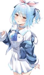  :o absurdres animal_ears blue_hair blue_jacket blush bochibochi_(gyuuniku_6000) choker collarbone commentary_request denim denim_jacket dress female fur-trimmed_jacket fur-trimmed_sleeves fur_trim hair_between_eyes highres hololive jacket long_sleeves looking_at_viewer off_shoulder official_alternate_hair_length official_alternate_hairstyle open_clothes open_jacket parted_lips pinching_sleeves pleated_dress rabbit_ears red_eyes short_eyebrows short_hair simple_background sleeves_past_wrists solo thick_eyebrows two_side_up usada_pekora usada_pekora_(casual) virtual_youtuber white_background white_choker white_dress 