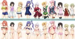  6+girls absurdres ahoge akatsuki_kirika amou_kanade arm_behind_head bikini bikini_skirt black_bikini black_hair blonde_hair blue_bikini blue_eyes blue_hair blue_shorts blush breasts carol_malus_dienheim closed_mouth collarbone elfnein garter_straps green_bikini green_eyes grin groin hair_ornament hair_ribbon hand_on_own_hip highres holding_hands kazanari_tsubasa kohinata_miku large_breasts long_hair looking_at_viewer midriff multiple_girls navel one_eye_closed parted_lips pink_bikini purple_eyes r-binon red_bikini red_eyes red_hair ribbon senki_zesshou_symphogear shiny_skin short_hair short_shorts shorts simple_background small_breasts smile standing standing_on_one_leg striped_bikini striped_clothes swimsuit tachibana_hibiki_(symphogear) teeth thighhighs tongue tongue_out tsukuyomi_shirabe twintails white_background white_bikini white_hair white_legwear yellow_bikini yellow_eyes yukine_chris 