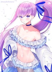  bare_shoulders bikini blue_eyes blue_ribbon blush breasts choker collarbone commentary earrings fate/grand_order fate_(series) female frilled_bikini frills hair_ribbon jewelry long_hair long_sleeves looking_at_viewer meltryllis_(fate) meltryllis_(swimsuit_lancer)_(fate) meltryllis_(swimsuit_lancer)_(third_ascension)_(fate) puffy_sleeves purple_hair ribbon side_ponytail simple_background sleeves_past_fingers sleeves_past_wrists small_breasts suzuho_hotaru swimsuit thighs very_long_hair white_background white_bikini white_legwear white_ribbon 