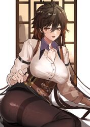  ass bad_id bad_twitter_id black_hair black_pantyhose breasts brown_hair brown_vest earrings female genderswap_(mtf) genshin_impact gradient_hair hair_between_eyes highres hominamia jewelry large_breasts long_hair multicolored_hair open_mouth pantyhose rule_63 shirt single_earring sitting solo thighband_pantyhose vest white_shirt zhongli_(genshin_impact) 