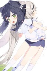  &gt;_&lt; 2girls absurdres alternate_costume animal_ears assisted_stretching back-to-back black_hair blue_archive breasts buruma green_eyes grey_hair highres kneehighs kokona_(blue_archive) leaning_forward locked_arms long_hair looking_at_viewer meunhongcha motion_lines multicolored_hair multiple_girls open_mouth shirt shoes short_sleeves shun_(blue_archive) shun_(small)_(blue_archive) small_breasts smile sneakers socks standing streaked_hair tiptoes white_shirt white_socks 