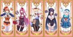  5girls :q alternate_costume armpits belt beret black_hair blazer blonde_hair bloop_(gawr_gura) blue_eyes blue_hair bouquet bow bowtie breasts candy cardigan chibi chibi_inset chocolate chocolate_on_body chocolate_on_breasts cleavage closed_eyes column_lineup edenillus flower food food_on_body garter_straps gawr_gura grey_hair hair_flower hair_ornament hat heart heart-shaped_chocolate highres hololive hololive_english holomyth jacket jirofly mibry_(phrysm) midriff mori_calliope mouth_hold multicolored_hair multiple_girls navel ninomae_ina&#039;nis off_shoulder orange_hair pantyhose parody pink_hair purple_eyes rose saco_(cgmore) sailor_collar sasatabekung scarf school_uniform serafuku sharp_teeth skindentation sleeveless smol_ame streaked_hair style_parody takanashi_kiara takodachi_(ninomae_ina&#039;nis) teeth tentacle_hair thighhighs tongue tongue_out valentine virtual_youtuber walfie_(style) watson_amelia wings zettai_ryouiki 