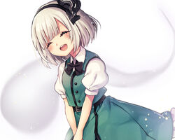  :d ^_^ belt_buckle black_bow black_bowtie black_hairband black_ribbon blunt_bangs blush bob_cut bow bowtie buckle closed_eyes collared_shirt commentary_request duplicate facing_viewer female frilled_skirt frills green_skirt green_vest grey_hair hair_ribbon hairband highres hitodama konpaku_youmu konpaku_youmu_(ghost) kyouda_suzuka long_skirt open_mouth own_hands_together partial_commentary pixel-perfect_duplicate puffy_short_sleeves puffy_sleeves ribbon shirt short_hair short_sleeves simple_background skirt smile solo touhou v_arms vest white_background white_hair white_shirt 