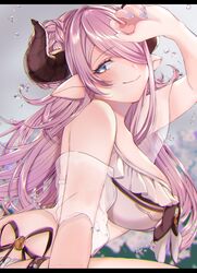  bad_id bad_twitter_id bikini blue_eyes breasts chitose_(chi_candy) draph female granblue_fantasy hair_over_one_eye highres horns large_breasts long_hair nail_polish narmaya_(granblue_fantasy) narmaya_(summer)_(granblue_fantasy) official_alternate_costume pink_hair pointy_ears smile solo swimsuit water white_bikini 