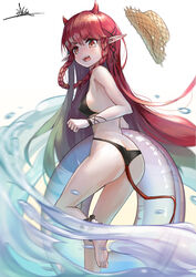  absurdres ankle_cuffs arknights ass bare_arms bare_legs bare_shoulders barefoot bikini black_bikini braid breasts chinese_commentary commentary female foot_out_of_frame hat highres hongshao_tang_gua horns innertube long_hair looking_at_viewer oerba_yun_fang official_alternate_costume open_mouth photoshop_(medium) pointy_ears red_eyes red_hair signature simple_background small_breasts solo standing standing_on_one_leg sun_hat swim_ring swimsuit tail thighs twin_braids unworn_hat unworn_headwear v-shaped_eyebrows very_long_hair vigna_(arknights) vigna_(casual_vacation)_(arknights) water white_background 