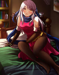  bare_shoulders bed bed_sheet bedroom belt black_gloves black_pantyhose blue_ribbon blue_scarf blush bracelet breasts dress elbow_gloves female fingerless_gloves fire_emblem fire_emblem:_radiant_dawn gloves hair_ribbon half_updo highres indoors jewelry long_hair micaiah_(fire_emblem) on_bed open_mouth pantyhose parted_lips pillow red_dress ribbon scarf side_slit sitting sleeveless sleeveless_dress solo waiting_for_kiss white_hair yellow_eyes yozu_(yozu0420) 