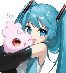  ;d bare_shoulders black_sleeves blue_eyes blue_hair commentary_request crossover detached_sleeves female happy hatsune_miku heart highres hug igglybuff long_hair long_sleeves looking_at_viewer one_eye_closed pokemon pokemon_(creature) red_eyes reirou_(chokoonnpu) shirt simple_background sleeveless sleeveless_shirt smile twintails upper_body vocaloid white_background white_shirt 