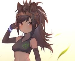  akuma_(st.takuma) animal_ears bare_shoulders black_gloves black_hair black_sports_bra breasts bridle brown_eyes brown_thoroughbred_(kemono_friends) commentary dark-skinned_female dark_skin elbow_gloves english_commentary extra_ears female fingerless_gloves gloves hand_up horse_ears horse_girl kemono_friends long_hair medium_breasts ponytail simple_background solo sports_bra upper_body white_background wristband 