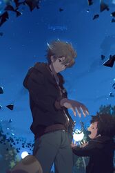  2boys animal arm_at_side black_jacket blue_eyes blue_pants brown_hair echo_(circa) from_below giving horns hyuse jacket lamppost light_brown_hair light_smile lolicon long_sleeves looking_at_another looking_away looking_down looking_up male_focus multiple_boys night open_mouth outdoors outstretched_arm outstretched_arms pants raijinmaru reaching rindou_youtarou short_hair smile standing star_(sky) wide_oval_eyes world_trigger zipper 