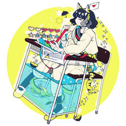  animal_ears black_hair black_legwear commentary_request desk dragon eastern_dragon envelope fake_animal_ears female fish_tank full_body half-closed_eyes health_bar heart kayuo knees_together_feet_apart looking_at_viewer lowres mary_janes medium_hair nail_polish original pants red_nails school_desk shoes sitting solo sparkle two-tone_background umbrella white_background yellow_background 