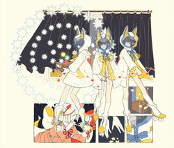  3girls animal_ears animal_helmet black_hair box cardboard_box commentary constellation curtains english_commentary fake_animal_ears gloves helmet kayuo kneehighs multiple_girls multiple_views original raincoat roller_skates sidelocks skates socks star_(symbol) white_gloves white_legwear 