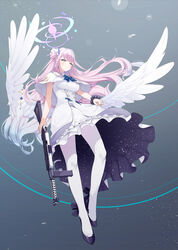  angel_wings blue_archive blush breasts closed_mouth dress feathered_wings fed_(giba) female full_body gun half-closed_eyes halo high_heels highres holding holding_weapon lanchester_smg long_hair looking_at_viewer mika_(blue_archive) pantyhose pink_hair puffy_sleeves shoes short_sleeves solo standing submachine_gun very_long_hair weapon white_dress white_pantyhose white_wings wings 