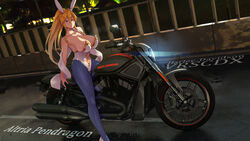  abubu ahoge animal_ears artoria_pendragon_(fate) artoria_pendragon_(swimsuit_ruler)_(fate) bare_shoulders blue_pantyhose braid breasts character_name cleavage collarbone commentary_request fate/grand_order fate_(series) female fingernails fishnet_pantyhose fishnets full_body green_eyes harley_davidson highleg highleg_leotard highres large_breasts leotard long_fingernails long_hair looking_at_viewer motor_vehicle motorcycle nail_polish on_motorcycle pantyhose playboy_bunny ponytail rabbit_ears scarf solo strapless strapless_leotard vehicle_focus white_leotard 