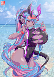  absurdres adjusting_clothes adjusting_swimsuit aqua_hair aqua_nails black_one-piece_swimsuit body_markings breast_cutout breasts cleavage_cutout clothing_cutout colored_skin competition_swimsuit fate/grand_order fate_(series) female grey_skin hat highleg highleg_swimsuit highres horns huge_breasts ibuki_douji_(fate) ibuki_douji_(swimsuit_berserker)_(fate) ibuki_douji_(swimsuit_berserker)_(first_ascension)_(fate) long_hair looking_back looking_down md5_mismatch momohara_rile multicolored_hair nail_polish oerba_yun_fang one-piece_swimsuit oni pink_hair pink_hat pink_one-piece_swimsuit pointy_ears red_eyes resolution_mismatch skin_fang smile solo source_smaller swimsuit tail two-tone_hair two-tone_swimsuit visor_cap 