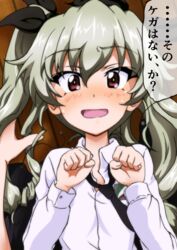  anchovy_(girls_und_panzer) anzio_school_uniform black_necktie blush clenched_hands commentary dress_shirt drill_hair emblem female from_above girls_und_panzer green_hair key_(gaigaigai123) long_hair long_sleeves loose_necktie necktie open_mouth pov red_eyes school_uniform shirt smile sweatdrop translated twin_drills twintails white_shirt wing_collar 