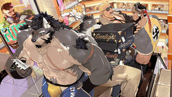  abs bara bear_boy black_hair blush case chang_(gyee) denim facial_hair fingerless_gloves furry furry_male gloves gyee headband highres hug jeans large_pectorals looking_at_another male_focus mall manly mature_male morgan_(gyee) multiple_boys muscular muscular_male navel necktie nipples open_mouth pants pectorals santos_(gyee) scar scar_on_face spiked_hair stairs sunglasses takashi_(gyee) teeth third-party_source tight_clothes tongue tooboshoo topless_male wolf_boy 