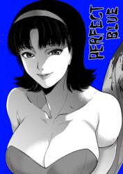  bare_shoulders blue_background breasts cleavage collarbone commentary_request copyright_name elbow_gloves female gloves greyscale_with_colored_background hairband highres kirigoe_mima large_breasts lips looking_at_viewer medium_hair monochrome off_shoulder parted_lips perfect_blue solo takatsuki_ichi upper_body 