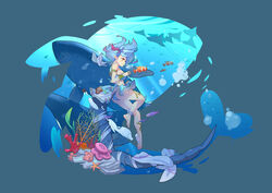  absurdres ass bare_shoulders barefoot bikini blue_hair breasts clownfish coral dragalia_lost dragon_girl dragon_horns dragon_tail female fish from_side full_body highres horns humanoid_mercury_(dragalia_lost) kuonn long_hair manta_ray multicolored_hair ocean official_style pink_hair pointy_ears seaweed solo starfish swimsuit tail tropical_fish underwater whale yellow_eyes 