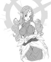  bare_shoulders breasts chronoa circlet dragon_ball dragon_ball_heroes dragon_ball_xenoverse earrings female fenyon highres jewelry large_breasts long_hair looking_at_viewer monochrome pointy_ears potara_earrings simple_background smile solo toriyama_akira_(style) 