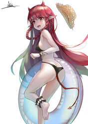  absurdres ankle_cuffs arknights ass bare_arms bare_legs bare_shoulders barefoot bikini black_bikini braid breasts chinese_commentary commentary female foot_out_of_frame hat highres hongshao_tang_gua horns innertube long_hair looking_at_viewer oerba_yun_fang official_alternate_costume open_mouth photoshop_(medium) pointy_ears red_eyes red_hair signature simple_background small_breasts solo standing standing_on_one_leg sun_hat swim_ring swimsuit tail thighs twin_braids unworn_hat unworn_headwear v-shaped_eyebrows very_long_hair vigna_(arknights) vigna_(casual_vacation)_(arknights) white_background 