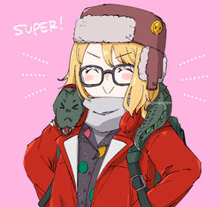  alligator badge black_shirt blonde_hair blush breasts brown_hat button_badge citron80citron closed_eyes crocodilian fate/grand_order fate_(series) female glasses hat jacket long_sleeves open_clothes open_jacket paul_bunyan_(fate) pink_background polka_dot red_jacket scarf shirt short_hair simple_background small_breasts smile solo super_bunyan_(fate) super_bunyan_(first_ascension)_(fate) white_scarf 