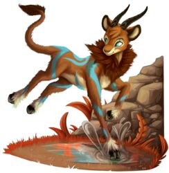  2018 alpha_channel alternate_species ambiguous_gender antelope blue_eyes blue_markings bovid chibity detailed_background eye_scar facial_scar feral fur hi_res hooves horn leoko357 male_(lore) mammal mane markings puddle scar solo splash tail tail_tuft tan_body tan_fur tuft water 