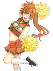  :d absurdres alternate_costume black_footwear boku_no_hero_academia cheerleader explosive female grenade highres kendou_itsuka kobaji leg_up long_hair midriff orange_hair orange_shirt orange_skirt pom_pom_(cheerleading) shirt shoes short_sleeves side_ponytail simple_background skirt smile sneakers socks solo u.a._cheerleader_uniform white_background white_socks 