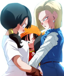  3girls age_difference android_18 bandana between_breasts black_eyes black_hair blonde_hair blue_eyes blush breast_press breasts commentary_request dragon_ball dragon_ball_gt dragon_ball_z earrings face_between_breasts girl_sandwich gloves head_between_breasts incest jewelry light_blush long_hair medium_breasts mother_and_daughter multiple_girls one_eye_closed onee-loli orange_bandana pan_(dragon_ball) rom_(20) saiyan sandwiched short_hair simple_background smile time_paradox twintails videl white_background yuri 