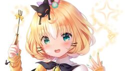  animal_on_head aqua_eyes black_cat blonde_hair cat_on_head feline female fork green_nails hair_behind_ear holding holding_fork looking_at_viewer lucie_(millie_parfait) millie_parfait nijisanji nijisanji_en on_head orange_sweater shirt solo sparkle sweater tied_hair virtual_youtuber white_background white_shirt zzz_(zzz00166403zzz) 