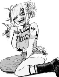  ametaro_(ixxxzu) bags_under_eyes blood boku_no_hero_academia boots bracelet character_doll choker crop_top double_bun fangs female greyscale hair_bun heart_pendant highres jewelry kneeling looking_at_viewer medium_hair midoriya_izuku monochrome narrowed_eyes necklace open_mouth shigaraki_tomura sidelocks solo toga_himiko tongue tongue_out 