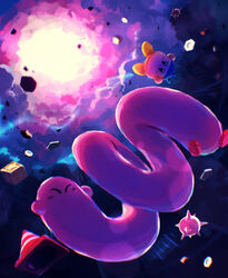  ball_and_chain_(weapon) bandana bandana_waddle_dee blue_bandana closed_eyes cloud cloudy_sky creature cube dark floating floating_object highres kirby kirby_(series) kirby_and_the_forgotten_land outdoors sky spiked_ball_and_chain star_block suyasuyabi traffic_cone waddle_dee 