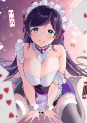  :d absurdres ace_(playing_card) ace_of_hearts apron aqua_eyes arm_support ascot bare_shoulders black_thighhighs blurry blurry_background blush bow breasts breasts_squeezed_together card chocolate choker cleavage collarbone cross-laced_clothes detached_collar female frilled_choker frilled_shirt_collar frilled_skirt frilled_straps frills fur-trimmed_legwear fur_trim gradient_background green_eyes grin hair_ornament hair_scrunchie headdress heart highres huge_breasts jewelry kazepana king_(playing_card) king_of_hearts_(playing_card) large_breasts light_blush long_hair looking_at_viewer love_live! love_live!_school_idol_project low_twintails maid maid_apron maid_headdress miniskirt mogyutto_&quot;love&quot;_de_sekkin_chuu! mouth_hold multicolored_hair open_mouth pendant playing_card purple_bow purple_hair purple_scrunchie scrunchie seven_of_hearts sitting skirt sleeveless smile solo strap_slip swept_bangs thighhighs tojo_nozomi twintails wariza 