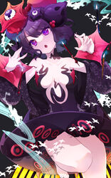  akibotann bare_legs bare_shoulders barefoot blunt_bangs breasts cleavage fate/grand_order fate_(series) female hair_ornament highres katsushika_hokusai_(fate) katsushika_hokusai_(third_ascension)_(fate) looking_at_viewer medium_breasts open_mouth purple_eyes purple_hair robe short_hair slit_pupils smile solo 