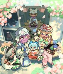  6+girls :3 :d absurdres ahoge angry animal_ears animal_hat ascot black_bow black_bowtie black_hair black_hairband black_ribbon blue_bow blue_bowtie blue_dress blue_eyes blue_hair blue_kimono blue_sash blush_stickers bottle bow bowtie brown_dress brown_hair cat_ears chen cherry_blossoms cirno closed_eyes collared_shirt commentary_request cup daiyousei dango datemaki_(food) dress food fox_ears fox_tail frilled_kimono frilled_skirt frilled_sleeves frills gap_(touhou) grass green_dress green_eyes green_hair green_headwear green_tea grey_hair hair_ornament hairband hairbow hairclip hat hat_ribbon highres ice ice_wings japanese_clothes juubako kamaboko katana kimono kitsune konpaku_youmu konpaku_youmu_(ghost) kyuubi lobster long_hair long_sleeves looking_at_another looking_up medium_hair mob_cap moyazou_(kitaguni_moyashi_seizoujo) multiple_girls multiple_tails nekomata obi open_mouth pajamas petals pink_hair pink_pajamas puffy_short_sleeves puffy_sleeves purple_eyes red_ribbon ribbon saigyouji_yuyuko sandals sanshoku_dango sash shirt short_hair short_sleeves skirt smile socks sushi sweatdrop sword tabard tail tea touhou triangular_headpiece two_tails v-shaped_eyebrows vacuum_cleaner wagashi wakizashi weapon white_shirt white_socks wings yakumo_ran yakumo_yukari yellow_ascot yellow_bow yunomi 