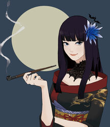  alternate_eye_color bad_id bad_pixiv_id bat_hair_ornament black_hair black_kimono blue_background blue_eyes blue_flower blunt_ends commentary detached_collar et_chi eyelashes female final_fantasy final_fantasy_xiv fingernails flower full_moon hair_flower hair_ornament hand_up high_collar highres hime_cut holding holding_smoking_pipe hyur japanese_clothes kanzashi kimono kiseru lace_collar lips long_hair looking_at_viewer mole mole_under_mouth moon nail_polish obi off_shoulder red_nails sash sidelocks simple_background smile smoke smoke_trail smoking_pipe solo tassel tsurime upper_body yotsuyu_goe_brutus 