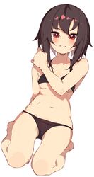  arm_support bad_id bad_twitter_id bare_shoulders bikini black_bikini blush breasts bright_pupils brown_hair closed_mouth collarbone female groin hair_between_eyes halterneck hand_up highres kono_subarashii_sekai_ni_shukufuku_wo! looking_at_viewer lowleg lowleg_bikini megumin navel rasusurasu red_eyes short_hair_with_long_locks simple_background sitting skindentation small_breasts solo stomach swimsuit tsurime underboob unfinished v-shaped_eyebrows wariza white_background 