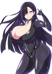  \m/ asymmetrical_bangs black_bodysuit black_choker black_hair blue_eyes blunt_bangs blunt_ends blush bodysuit breasts bright_pupils choker cleavage closed_mouth collarbone commentary_request contrapposto cowboy_shot dolphin_wave earrings female hair_over_one_eye hand_on_own_hip hand_up heterochromia huge_breasts jewelry kurose_minami long_hair looking_at_viewer multicolored_hair partially_unzipped pendant pendant_choker purple_hair sankakukin_gear simple_background smile solo standing streaked_hair thick_thighs thighs two-tone_hair very_long_hair white_background white_pupils yellow_eyes 