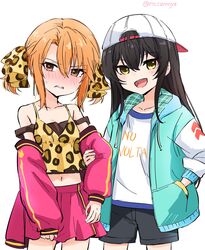  2girls :d animal_print backwards_hat baseball_cap beat_shooter_(idolmaster) black_shorts blush brown_hair camisole collarbone cosplay costume_switch detached_sleeves hair_ribbon hand_in_pocket hat highres hood hoodie idolmaster idolmaster_cinderella_girls idolmaster_cinderella_girls_u149 leopard_print long_hair looking_at_viewer matoba_risa midriff multiple_girls off_shoulder orange_hair pink_skirt pleated_skirt print_ribbon ribbon roccamoya short_hair shorts skirt smile sweatdrop twitter_username yuuki_haru 