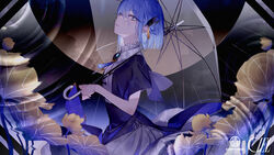  black_dress blue_hair breasts ciel_(kamitsubaki_studio) closed_mouth collar collared_dress commentary_request dress female flower frilled_collar frills from_side grey_eyes hair_between_eyes hair_ornament hand_up head_tilt holding holding_umbrella jewelry kamitsubaki_studio lace leaf looking_at_viewer medium_hair necklace official_art pendant plant sideways_glance small_breasts solo transparent transparent_umbrella umbrella upper_body virtual_youtuber yoggi_(stretchmen) 