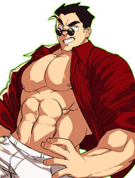  1boy abs absurdres bara bare_pectorals black_hair collared_shirt hand_on_own_hip helltaker helltaker_(character) highres large_pectorals male_focus muscular muscular_male navel nipples open_clothes open_shirt pants pectorals red_shirt round_eyewear shirt short_hair smile solo strongman_waist sunglasses teeth thick_eyebrows ttn_(239_239) white_pants 