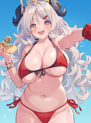  +_+ ahoge bare_shoulders bikini black_horns blue_archive blue_background blush breasts cleavage cowboy_shot female flipped_hair food food_on_face front-tie_bikini_top front-tie_top hair_ornament hairclip halterneck highres holding holding_food horns huge_breasts izumi_(blue_archive) izumi_(swimsuit)_(blue_archive) long_hair looking_at_viewer messy_hair navel o-ring o-ring_bikini official_alternate_costume open_mouth orange_eyes outstretched_arm plump red_bikini red_nails red_scrunchie red_wristband scrunchie side-tie_bikini_bottom simple_background smile solo standing stomach string_bikini swimsuit takoyaki tareme u_jie wet white_hair wrist_scrunchie 