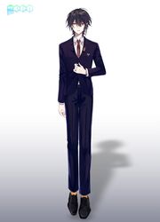  1boy 3di_project closed_mouth collared_shirt formal full_body gradient logo long_sleeves male_focus mole mole_under_mouth official_art pointy_ears rigu_(3di) shadow shirt shoes short_hair solo suit vici_(3di) virtual_youtuber 