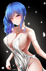  absurdres azur_lane backless_dress backless_outfit bare_shoulders black_background blue_hair bracelet breasts cleavage collarbone dress earrings evening_gown falling_petals female grey_dress hair_ornament hairclip halter_dress halterneck highres jewelry large_breasts looking_at_viewer necklace official_alternate_costume parted_lips petals pink_eyes plunging_neckline revealing_clothes side_ponytail sidelocks silver_dress solo st._louis_(azur_lane) st._louis_(luxurious_wheels)_(azur_lane) suzishi_ovo thighs 