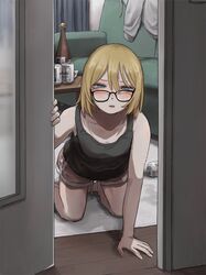  aki_(tabao) asahi_breweries barefoot beer_can black_camisole blonde_hair bob_cut bottle camisole can couch crawling doorway double-parted_bangs drink_can female glasses grey_hoodie hair_between_eyes highres hood hoodie indoors light_blush looking_at_viewer medium_hair mole mole_under_eye open_mouth opening_door original pink_shorts pov_doorway rug self-harm_scar shirt shorts solo squinting tabao wooden_floor 