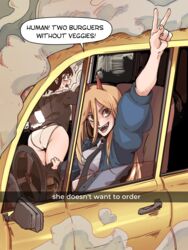  2girls absurdres alpha_transparency ass assisted_exposure black_hair blonde_hair car chainsaw_man clothes_pull commentary demon_horns driving english_text engrish_text hand_up he_wants_to_order_(meme) higashiyama_kobeni highres horns kobeni&#039;s_car_(chainsaw_man) kreadorsito looking_at_viewer making-of_available meme motor_vehicle multiple_girls necktie open_mouth paid_reward_available panties pants pants_pull power_(chainsaw_man) ranguage red_horns sharp_teeth side-view_mirror smoke snapchat spanish_commentary speech_bubble steering_wheel sweatdrop teeth three_quarter_view underwear v white_panties window yellow_car 