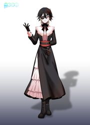  3di_project belt black_dress black_hair blonde_hair boots celene_(3di) center_frills closed_mouth dress eyepatch female frills full_body gloves hair_between_eyes highres logo long_sleeves multicolored_hair official_art puffy_long_sleeves puffy_sleeves rigu_(3di) shadow short_hair solo two-tone_hair virtual_youtuber 