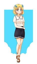  black_skirt blonde_hair blue_eyes blue_flower braid bright_pupils brown_footwear casual closed_mouth collared_shirt commentary contemporary cross cross_necklace crown_braid female flower full_body hair_flower hair_ornament highres jewelry looking_at_viewer maria_campbell medium_hair miniskirt necklace otome_game_no_hametsu_flag_shika_nai_akuyaku_reijou_ni_tensei_shite_shimatta parted_bangs pleated_skirt sandals shirt single_horizontal_stripe skirt smile solo standing white_pupils white_shirt yuu_kurema 