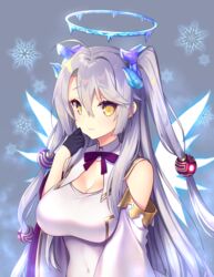  baradiel_(jibril) black_gloves bow breasts cleavage closed_mouth commentary_request covered_navel curled_horns dennou_tenshi_djibril detached_sleeves dress female gloves glowing glowing_snowflake glowing_wings grey_background grey_hair hair_ornament half_gloves halo highres horns ice large_breasts long_hair long_sleeves purple_bow sleeveless sleeveless_dress smile snowflakes solo tahya two_side_up upper_body very_long_hair white_dress white_sleeves white_wings wide_sleeves wing_collar wings yellow_eyes 